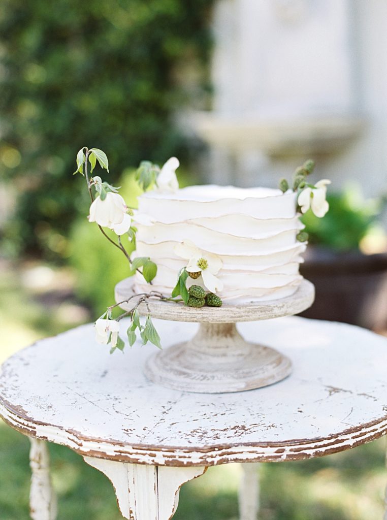ruffle wedding cake with blackberries and dogwood flowers | Savannah Wedding Photographer 
| Shauna Veasey Photography | Tybee Island Wedding Chapel | Tybee Wedding Savannah Inspiration Shoot
