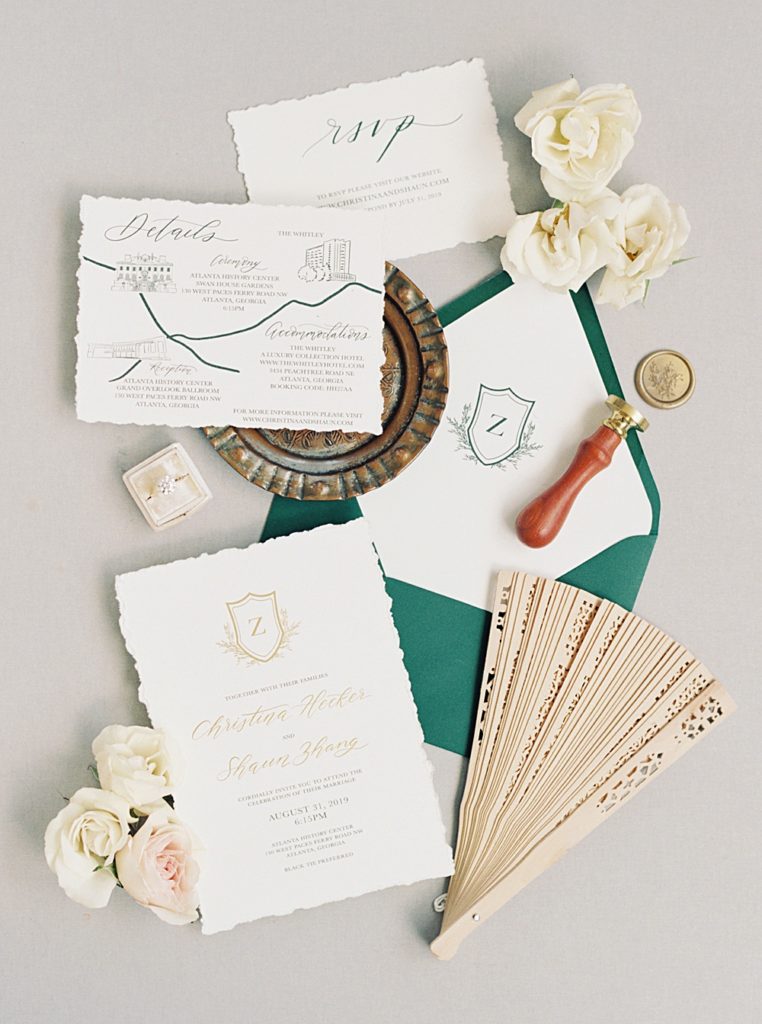 styled flat lay invitation suite The Swan House at Atlanta History Center by Shauna Veasey Photography