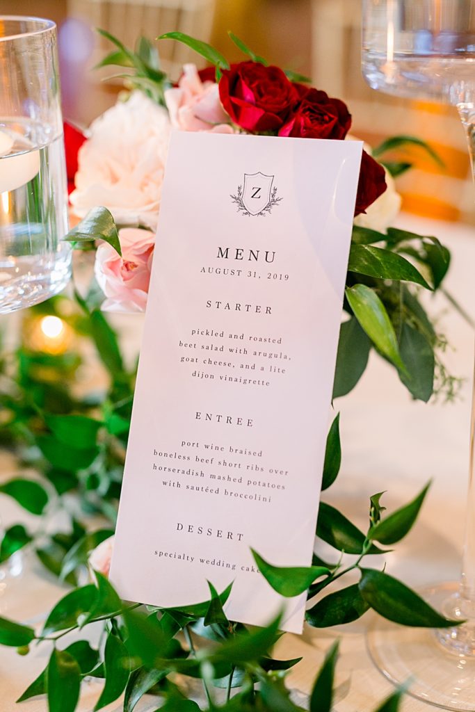 menu card with custom wedding crest | Atlanta History Center | Swan House wedding | Shauna Veasey Photography