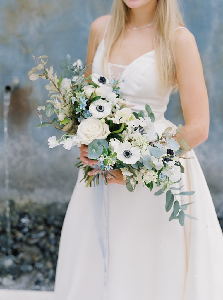 dusty blue, white and green wedding bouquet | The Temple House Wedding in Miami, South Beach | Shauna Veasey Photography