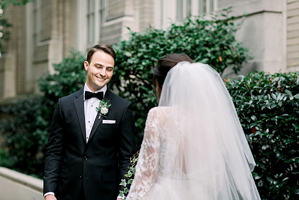 groom's expression is priceless during first look on wedding day | Atlanta Georgia Wedding at The Georgian Terrace | Shauna Veasey Photography