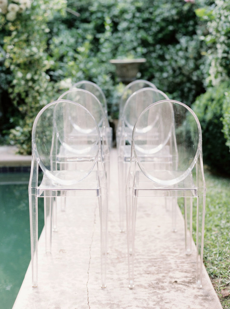 ghost chairs at pool ceremony for an English garden wedding editorial at Meadowlark 1939 for Thrive workshop | Shauna Veasey Photography