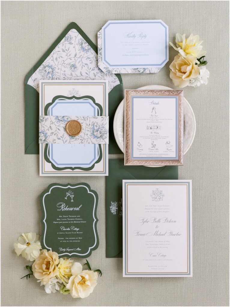 green and blue wedding invitation suite for a Jekyll Island wedding