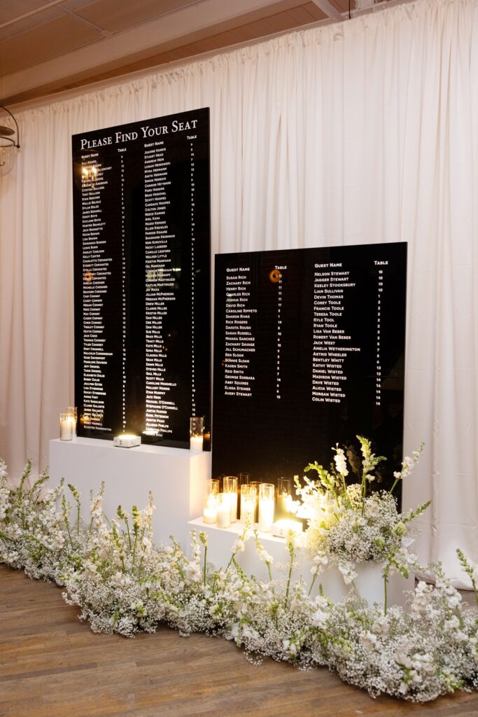 modern black seating chart for a black tie wedding in Charleston
