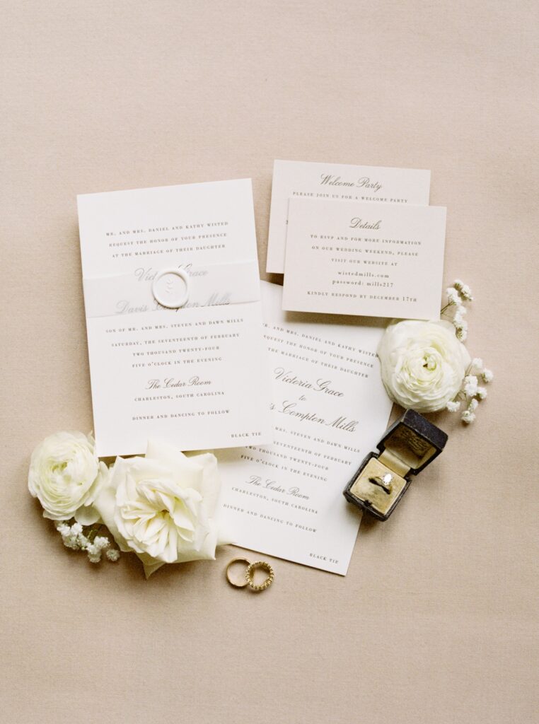 Luxury Charleston wedding invitation suite at The Dewberry