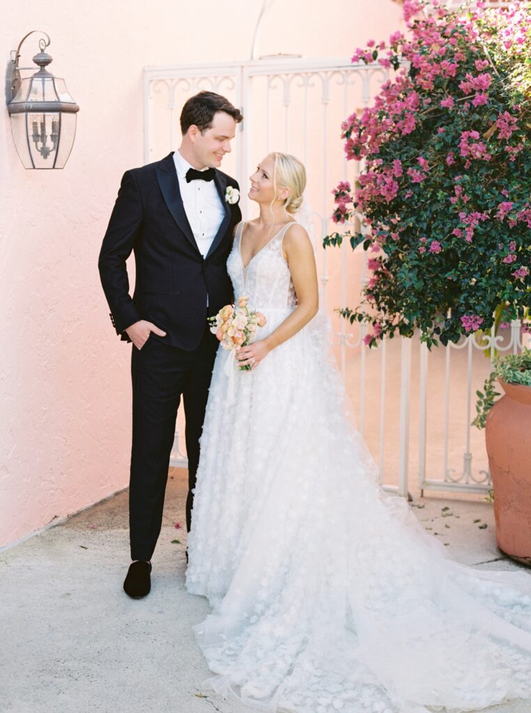 bride in Enaura gown at pink hotel 