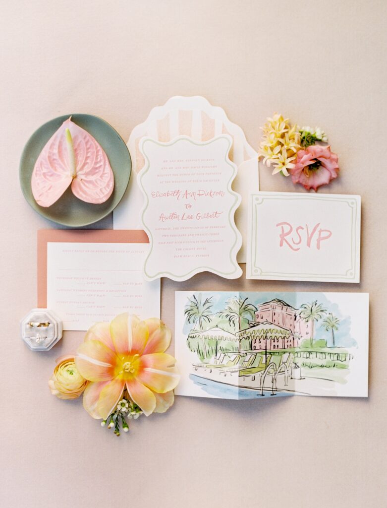whimsical wedding invitation for destination wedding in florida 